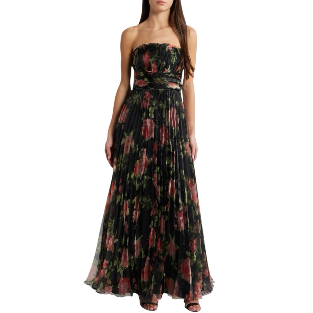 New Lulus Black Mesmerizing Forever Red Floral Pleated Strapless Dress